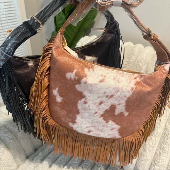 NEW Faux Suede Brown Cow Print Fringe Hobo Shoulder Bag - Picture 2 of 5